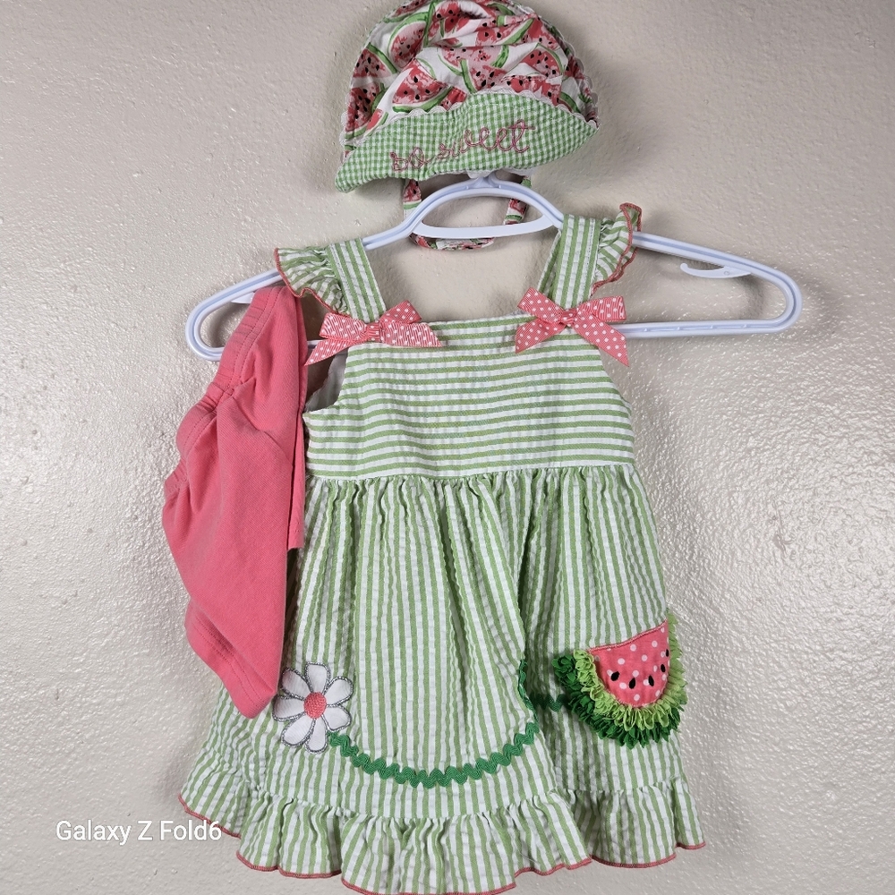 Goodlad Baby Girl 18 Months Green Stripe Watermelon Dress Set‎ with Bloomers&Hat